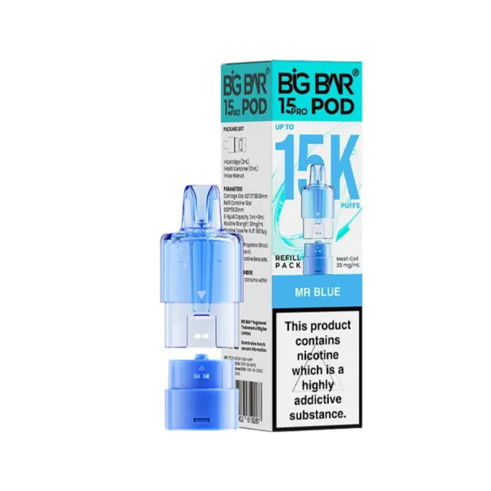 Blue vape pod and packaging with 'BIG BAR' branding on a white background