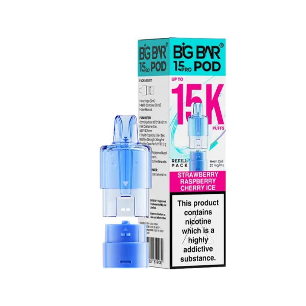 Blue vape pod with packaging on a white background