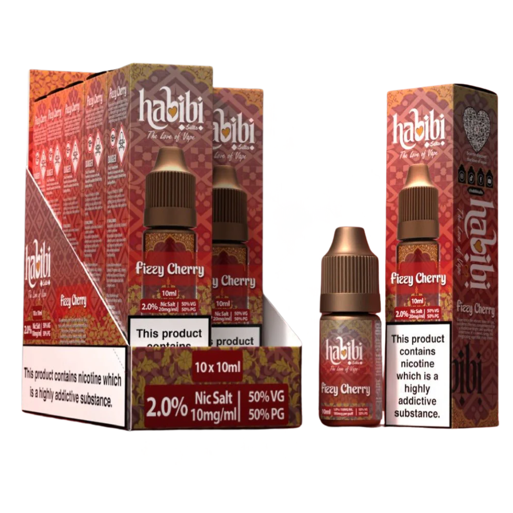 Habibi Fizzy Cherry vape juice packaging and bottle on a white background