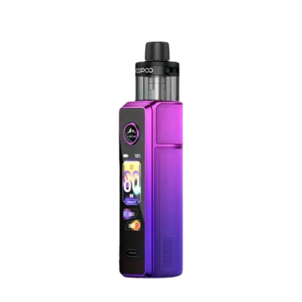 Purple vape device with visible brand logo on a white background