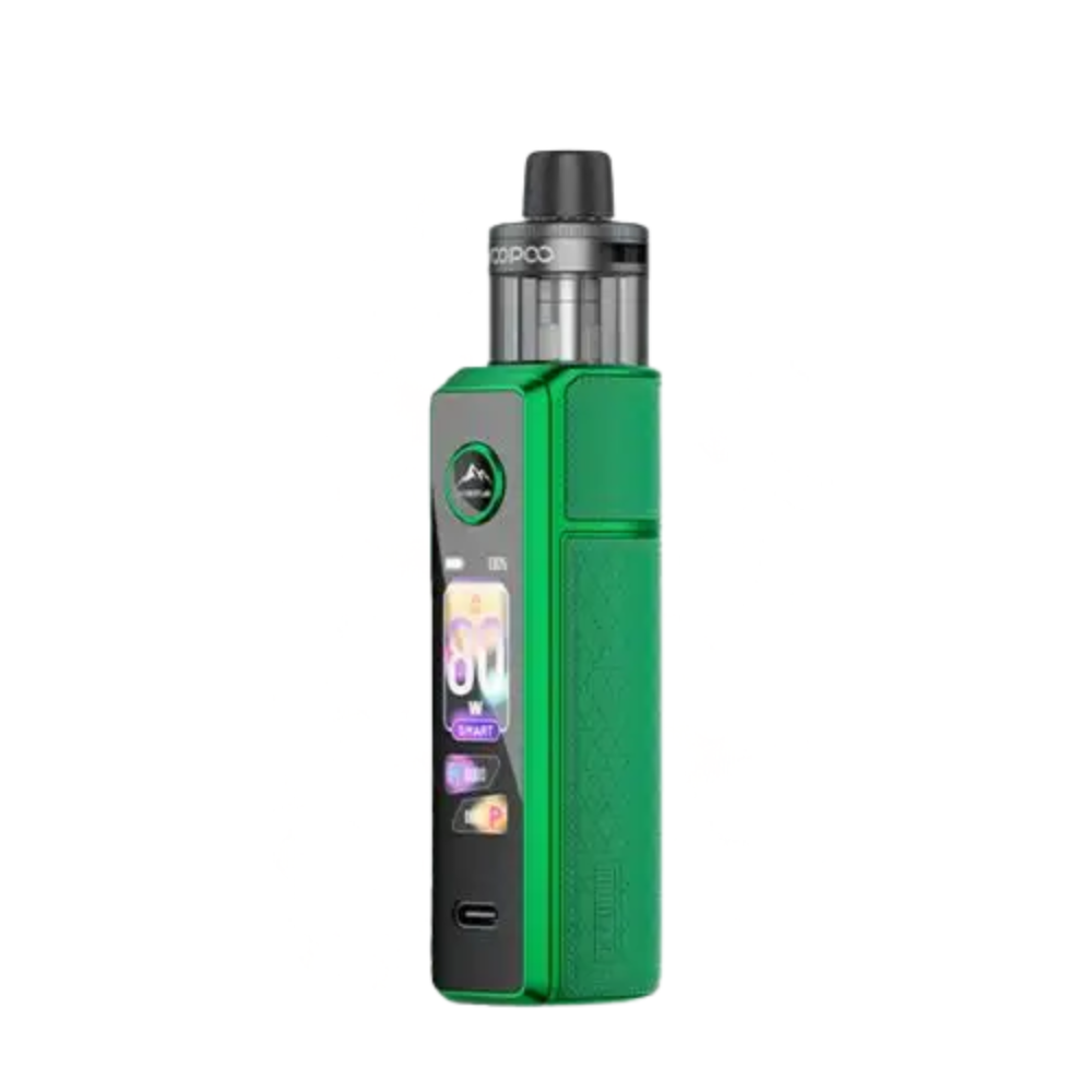 Green vape device with a visible brand logo on a white background