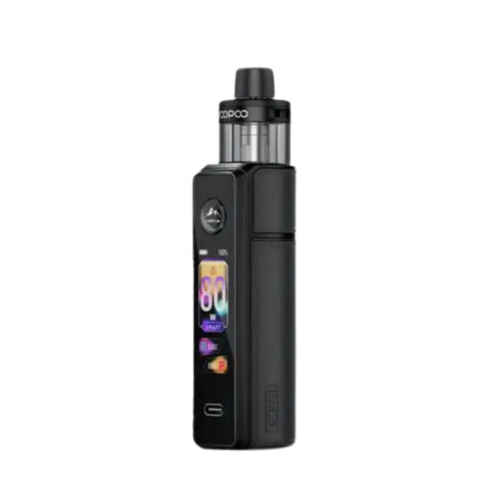 Black vape device with a display on a white background