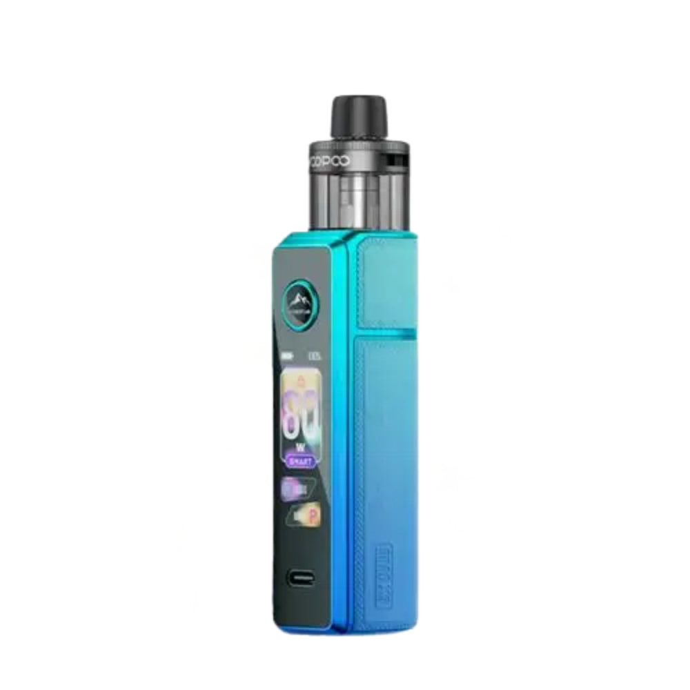 Blue vape device with visible brand logo on a white background
