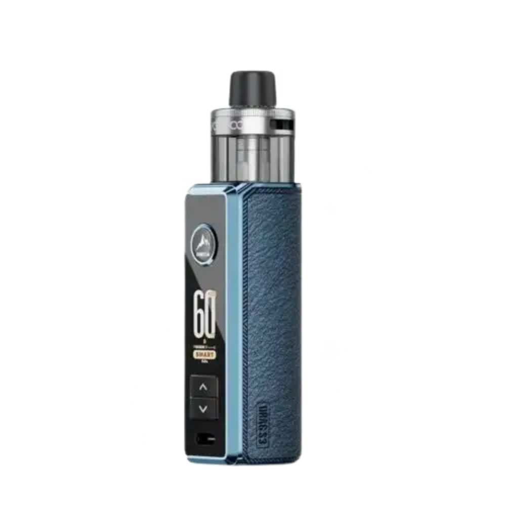 Vape device with blue and black design on a white background