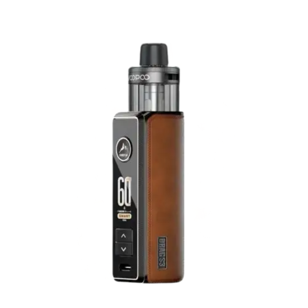 Vape device with brown and black design on a white background