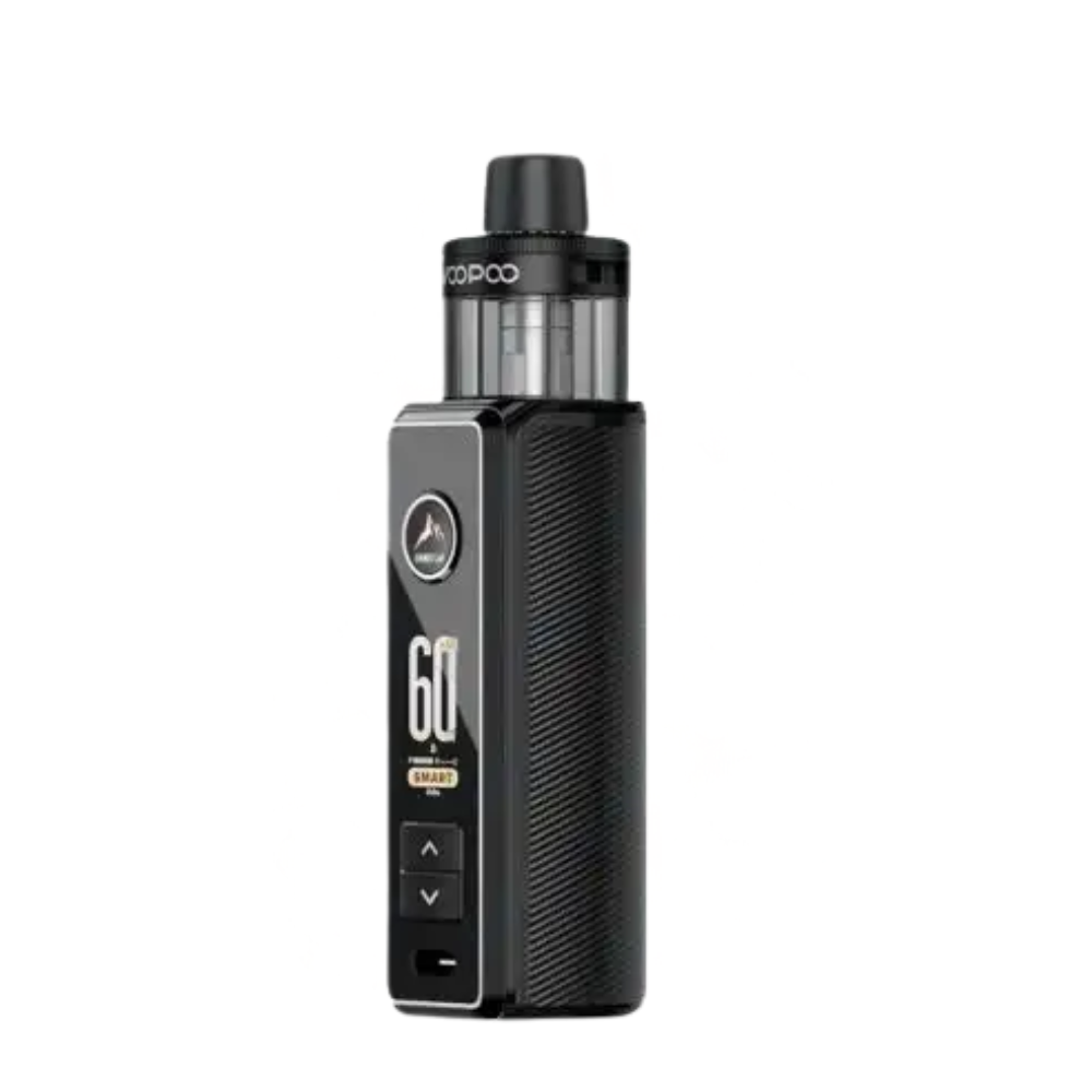 Black vape device with visible branding on a white background
