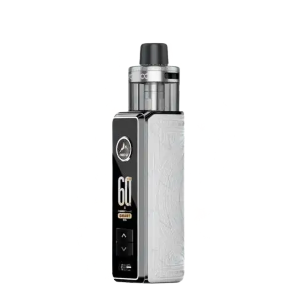 Vape device with black and silver design on a white background