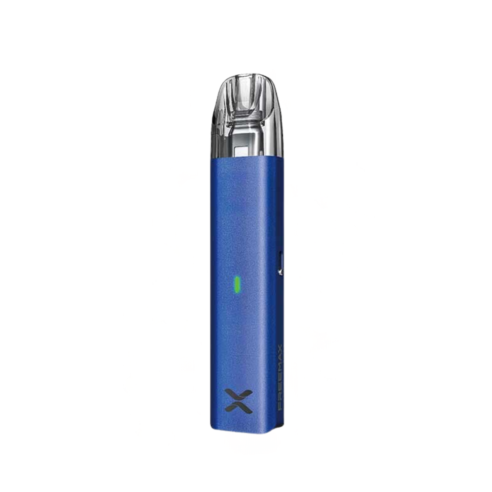 Blue vape device with a visible brand logo on a white background