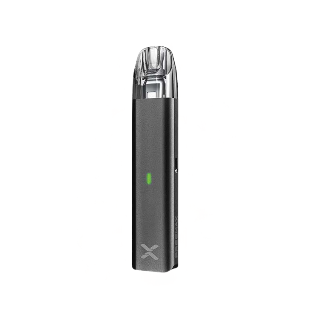 Black vape device with a green light on a white background