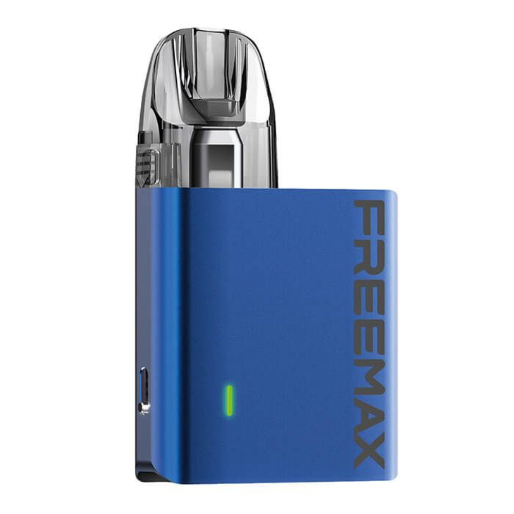 Blue Freemax vaping device on a white background
