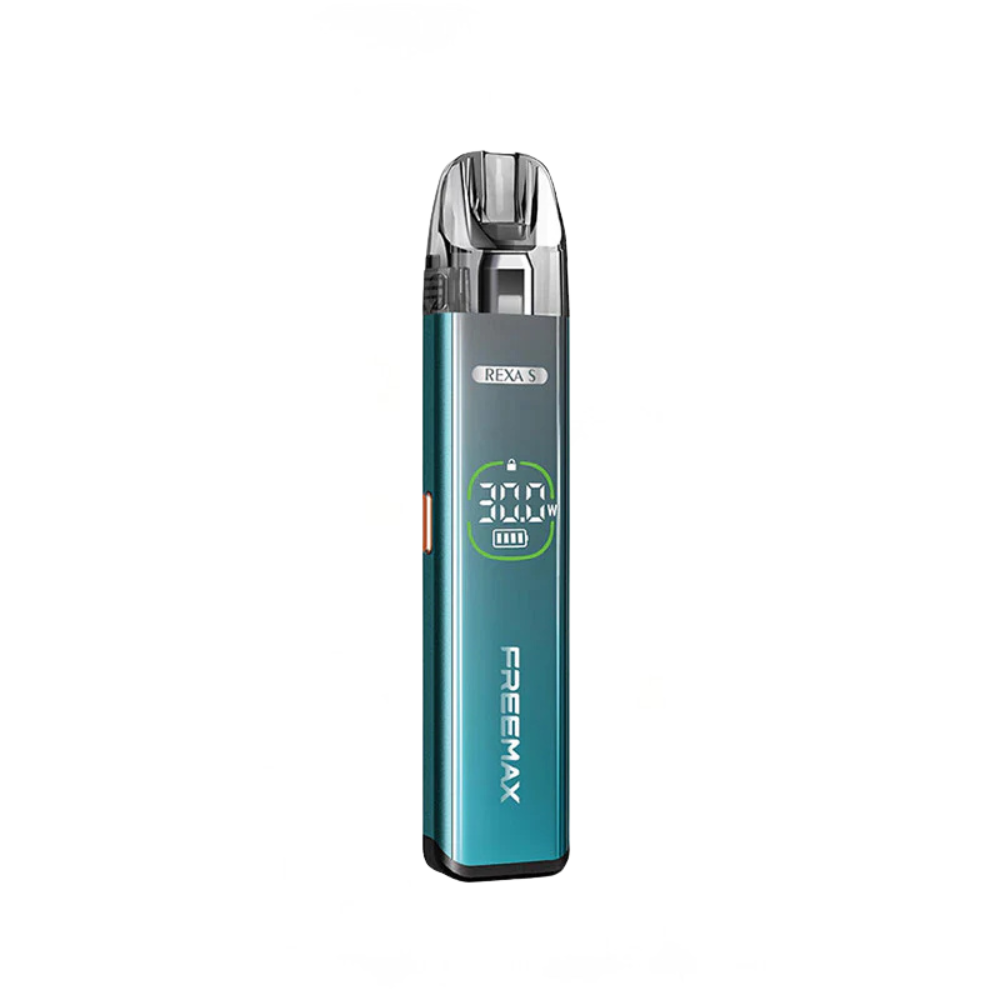 Teal vape device with digital display on a white background