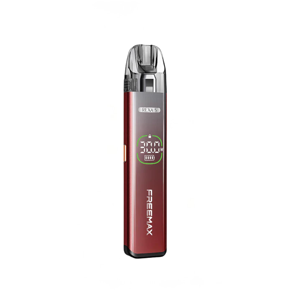 Red Freemax vaping device with digital display on a white background