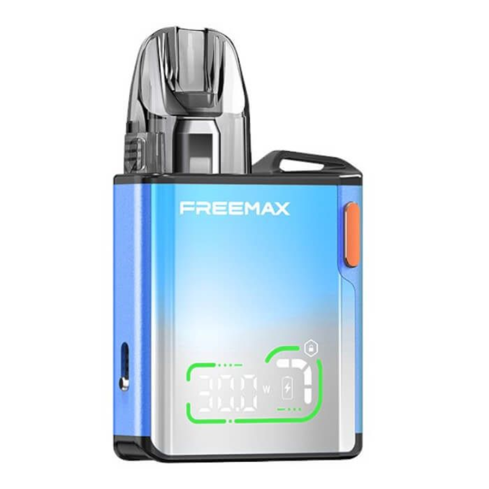 Freemax electronic device with gradient blue and silver design on a white background