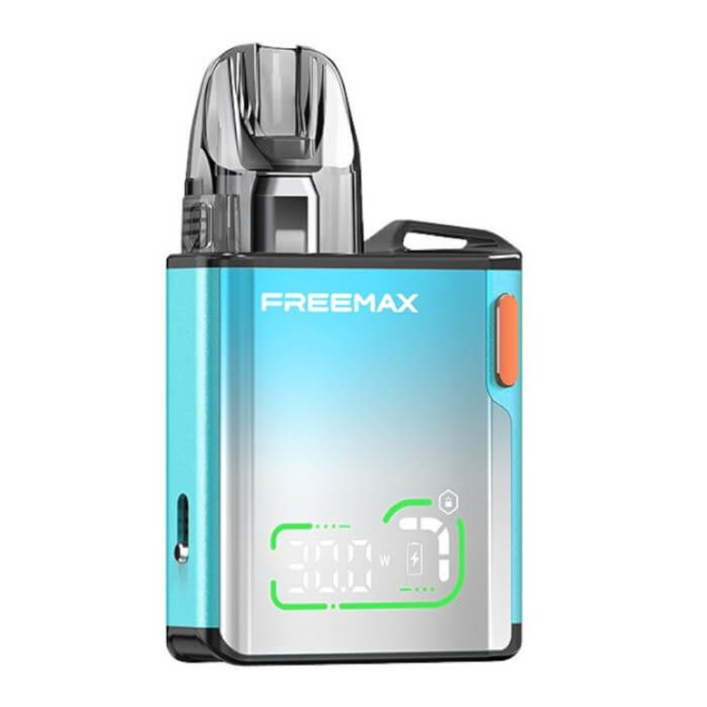 Freemax electronic device with gradient blue and silver design on a white background