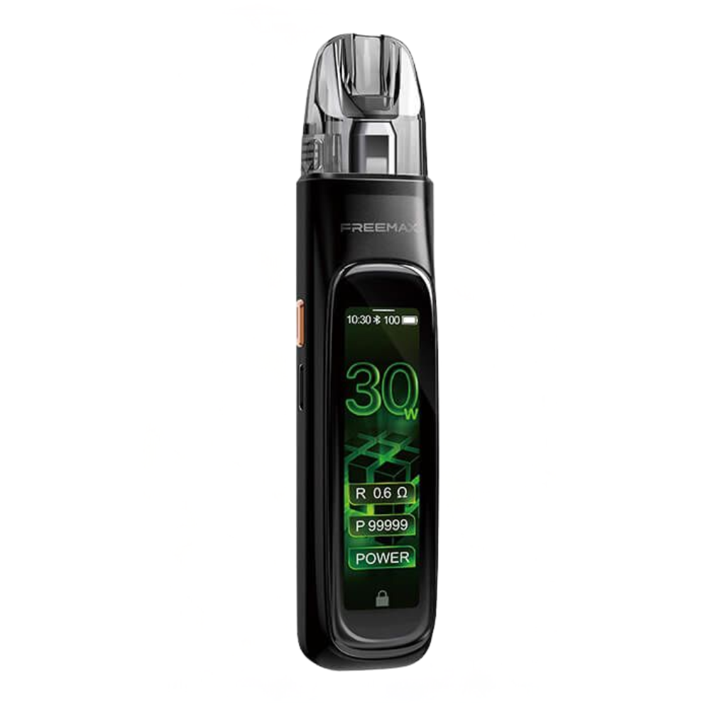 Black vape device with digital display on a white background