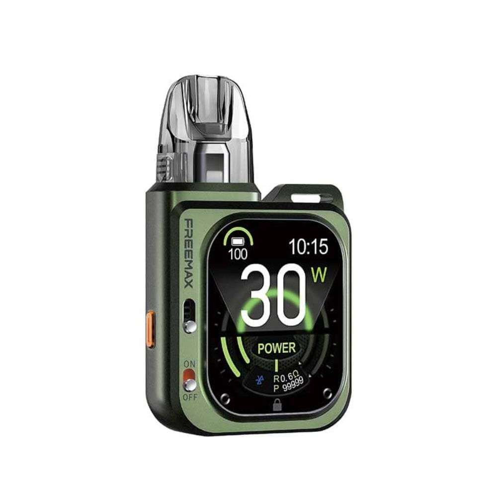 Green vape device with digital display on a white background