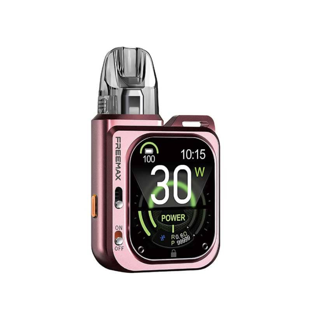 Pink vape device with digital display on a white background