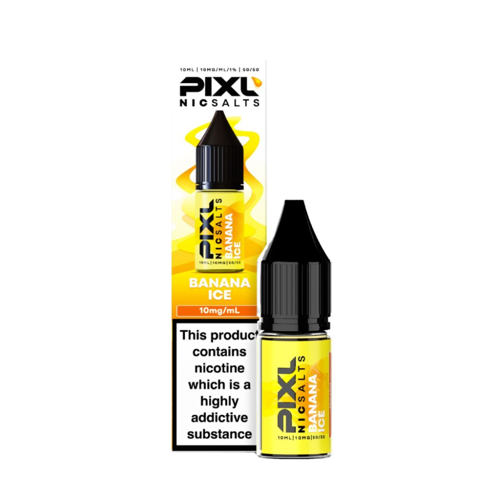 Pixl Nicsalts Banana Ice e-liquid bottle and packaging on a white background