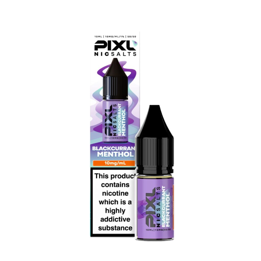 Pixl Nic Salts Blackcurrant Menthol e-liquid bottle and packaging on a white background