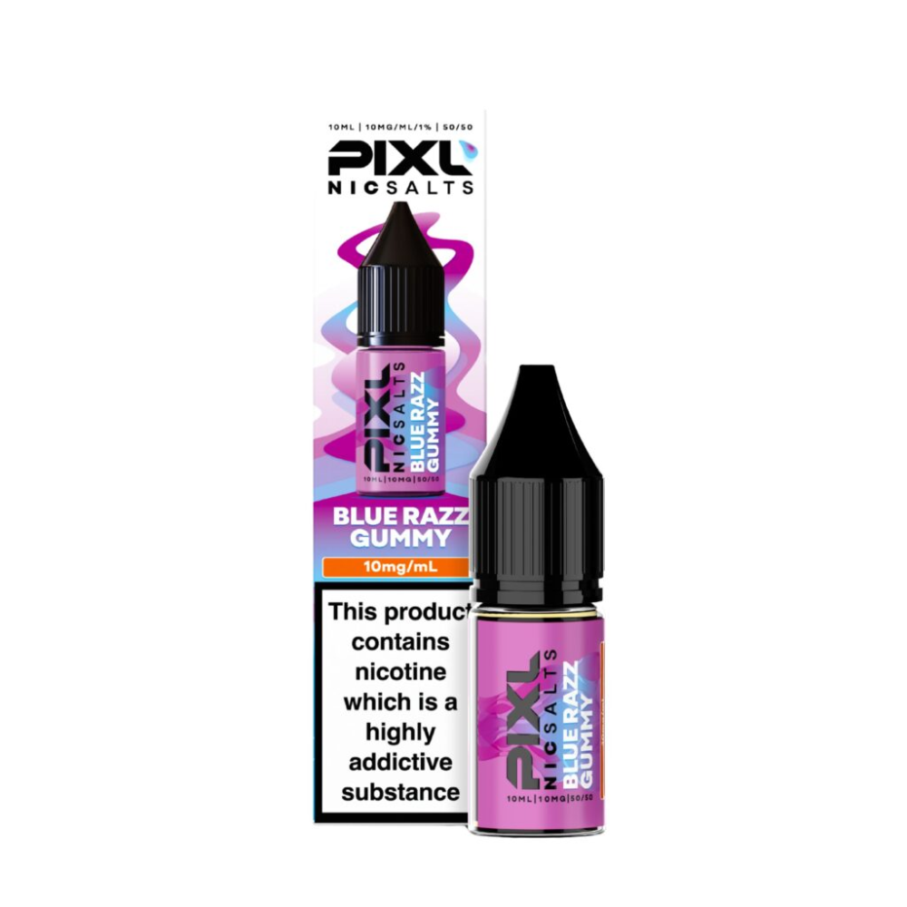 Pixl Nic Salts Blue Razz Gummy vape juice bottle and packaging on a white background