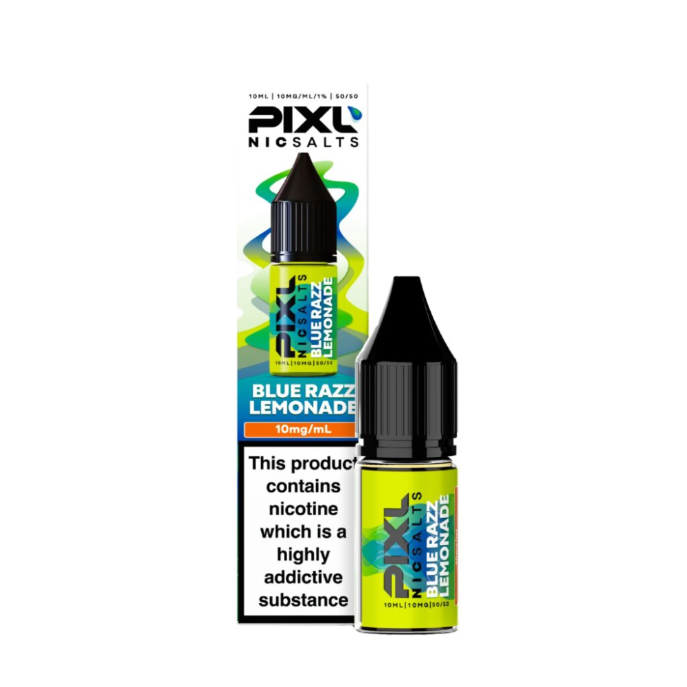 Pixl Nic Salts Blue Razz Lemonade vape juice bottle and packaging on a white background