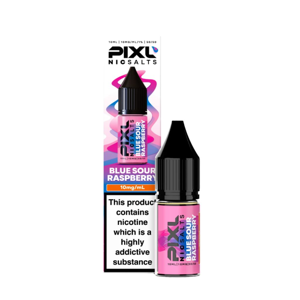 Pixl Nic Salts Blue Sour Raspberry e-liquid bottle and packaging on a white background