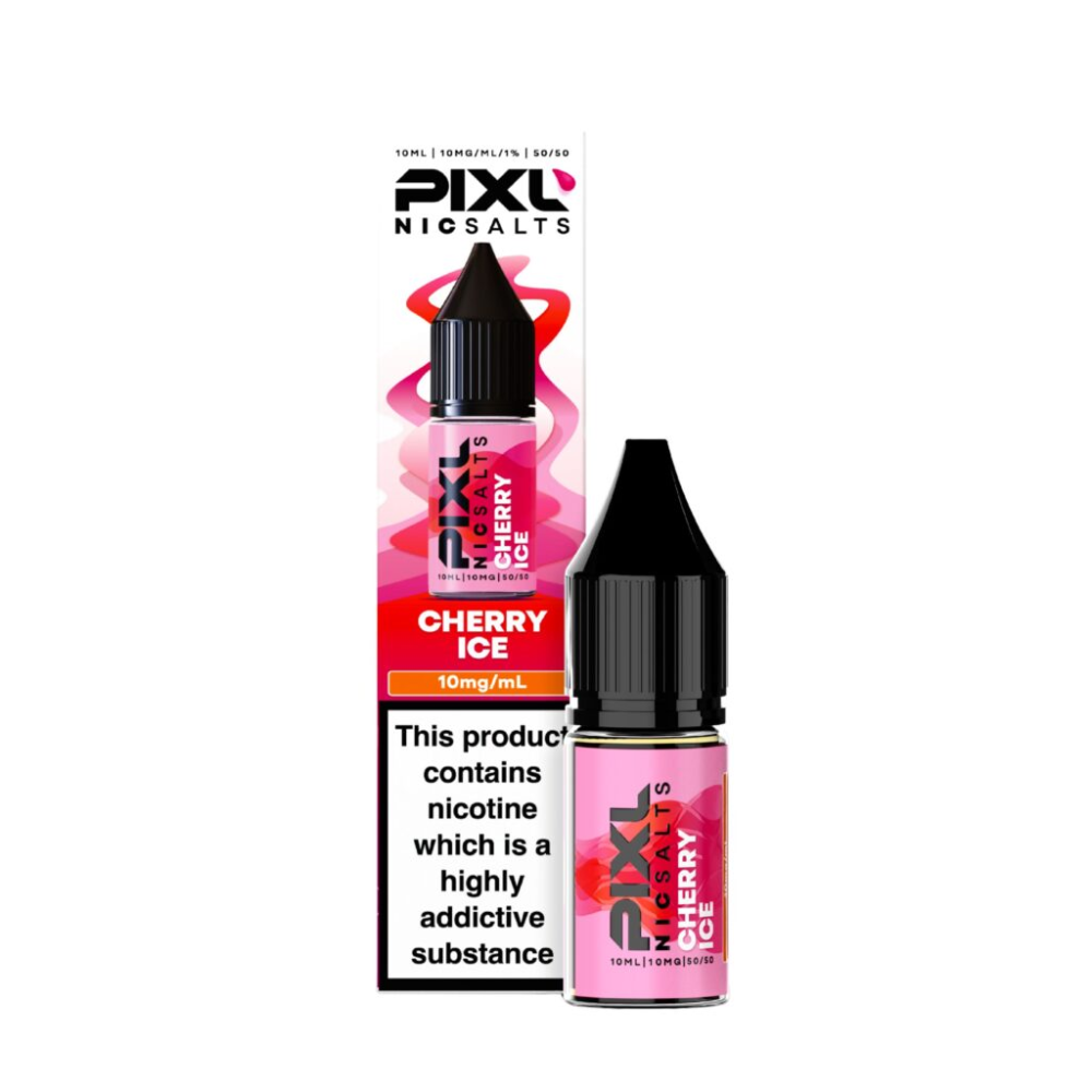 Pixl Nicsalts Cherry Ice vape juice bottle and packaging on a white background