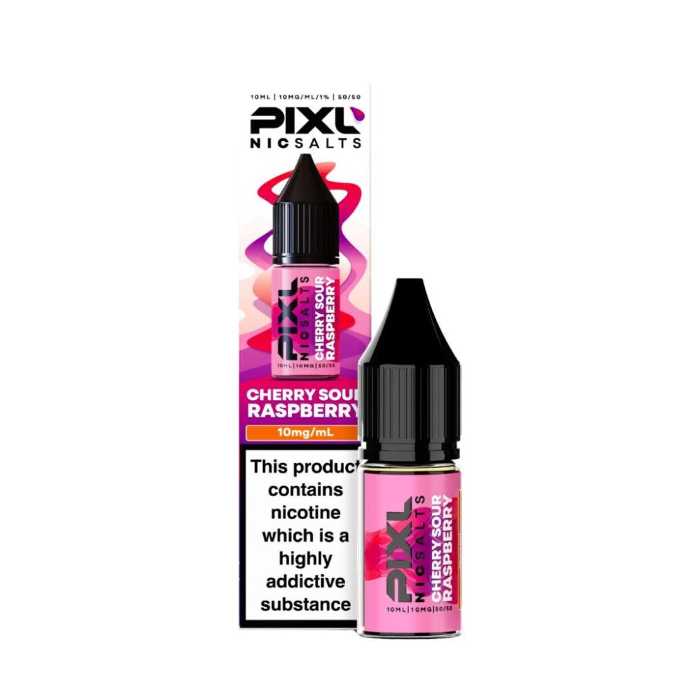 Pixl Nic Salts Cherry Sour Raspberry e-liquid bottle and packaging on a white background