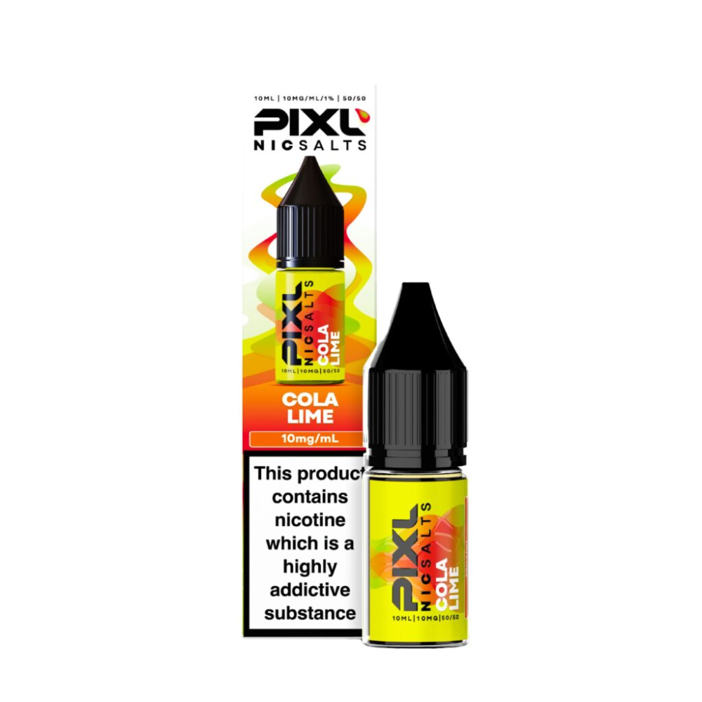 Pixl Nicsalts Cola Lime vape juice bottle and packaging on a white background