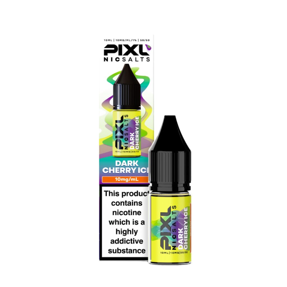 Pixl Nic Salts Dark Cherry Ice vape juice bottle and packaging on a white background