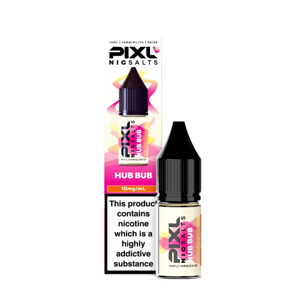 Pixl Nicsalts Hub Bub vape juice bottle and packaging on a white background