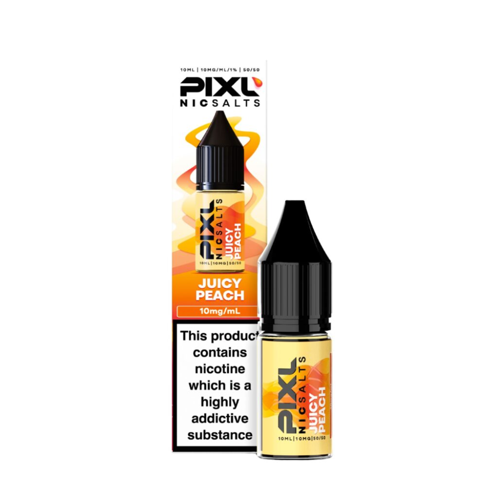 Pixl Nic Salts Juicy Peach e-liquid bottle and packaging on a white background