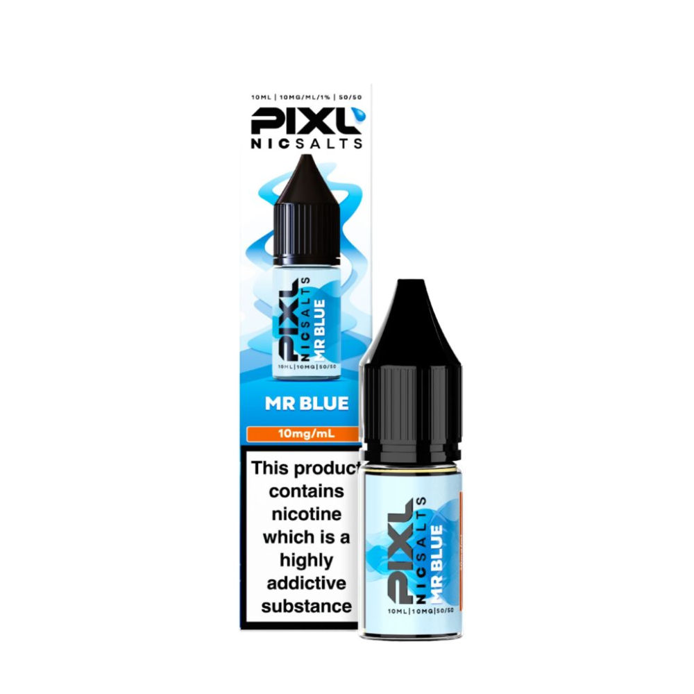 Pixl Nic Salts MR Blue vape juice bottle and packaging on a white background
