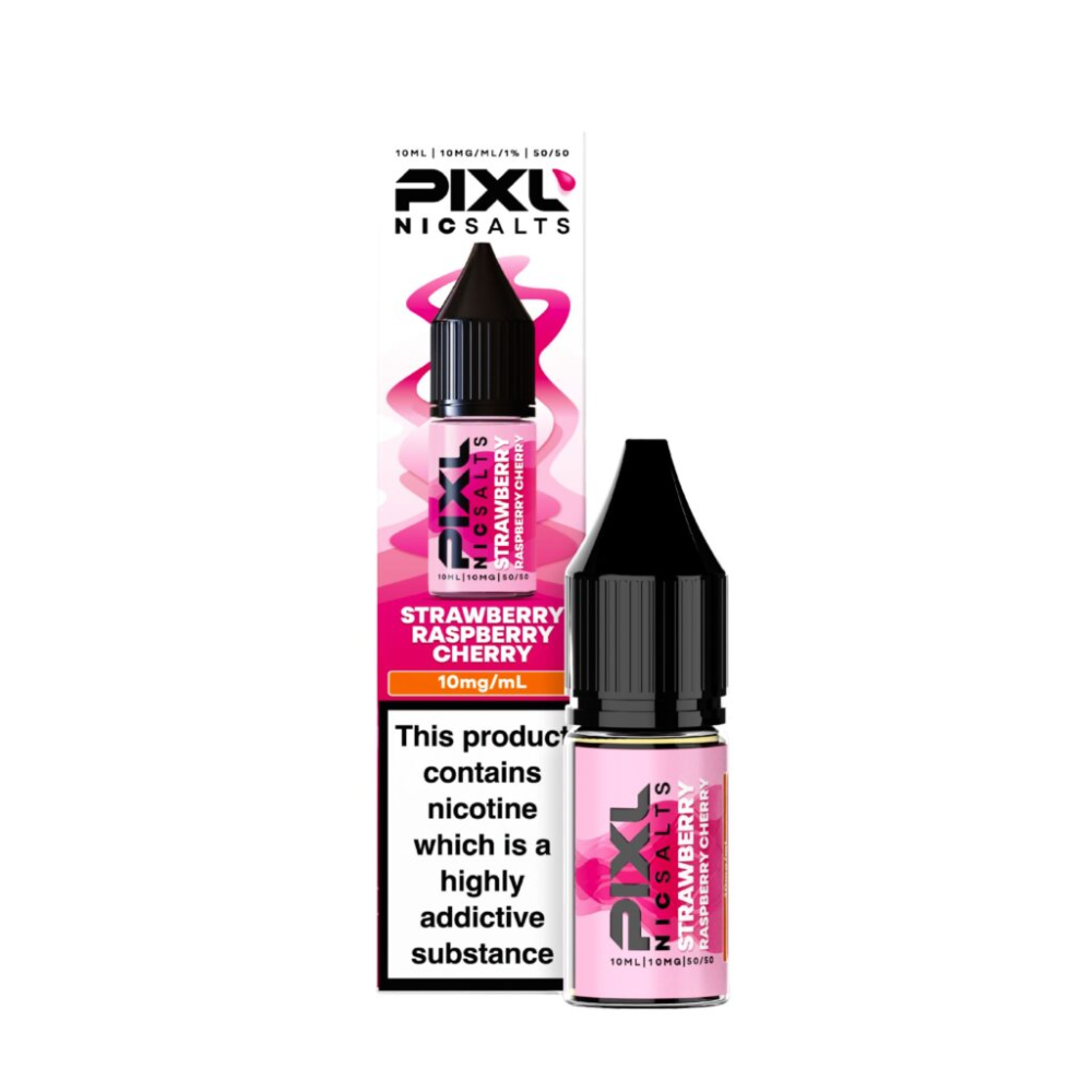 Pixl Nic Salts Strawberry Raspberry Cherry e-liquid bottle and packaging on a white background