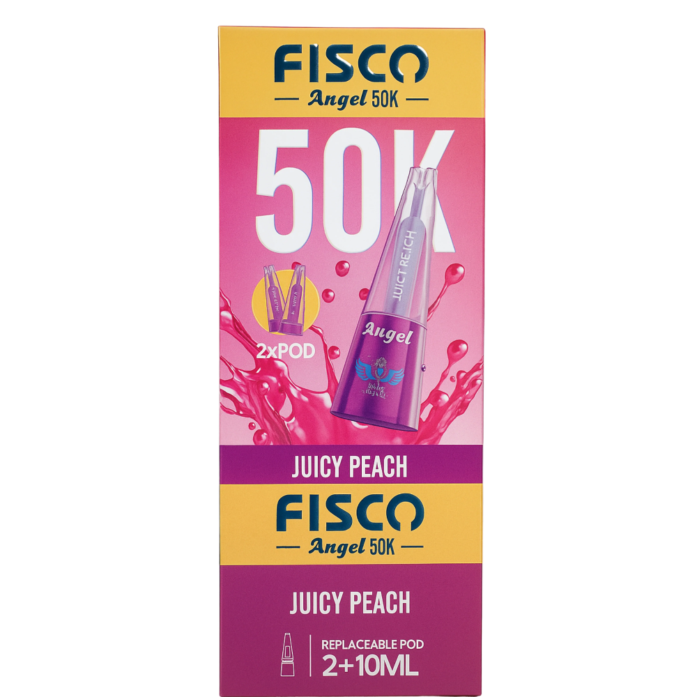Fisco Angel 50K Juicy Peach vape pod packaging on a white background