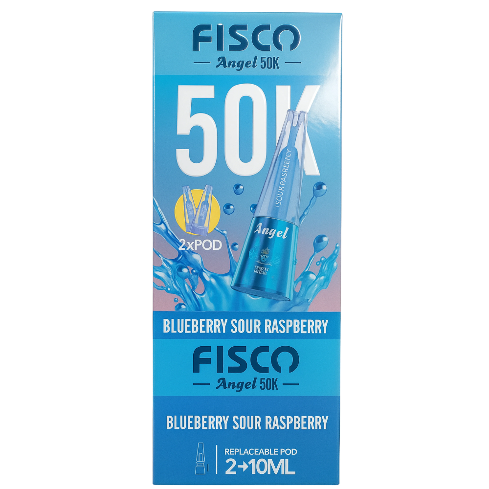 Fisco Angel 50K Blueberry Sour Raspberry vape pod packaging on a white background