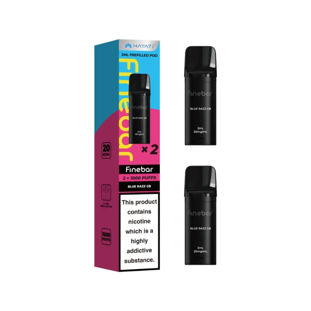 Black vape device with 'Finebar' branding and packaging on a white background