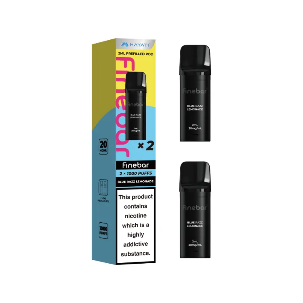Black vape device with 'Finebar' branding and packaging on a white background