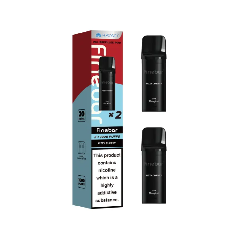Black vape device with 'Finebar' branding and packaging on a white background