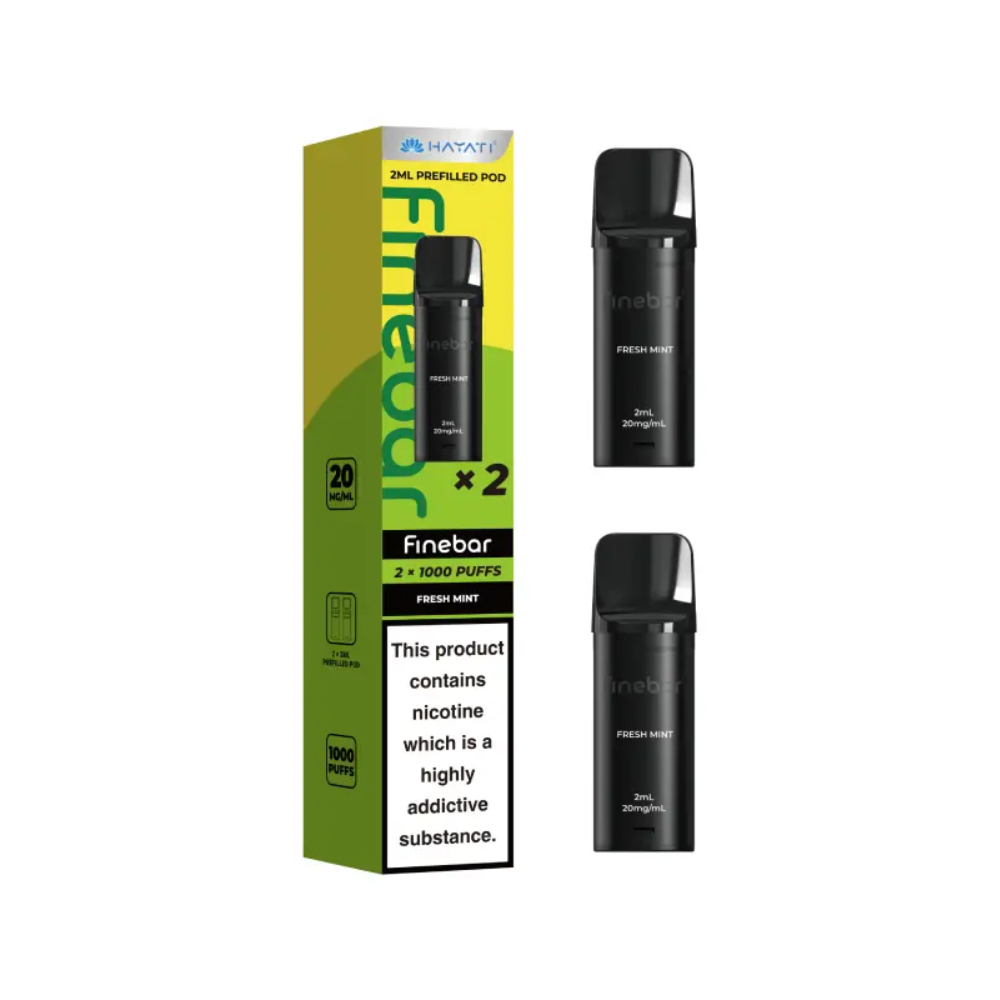 Black vape device with 'Finebar' branding and a green and yellow packaging box on a white background.