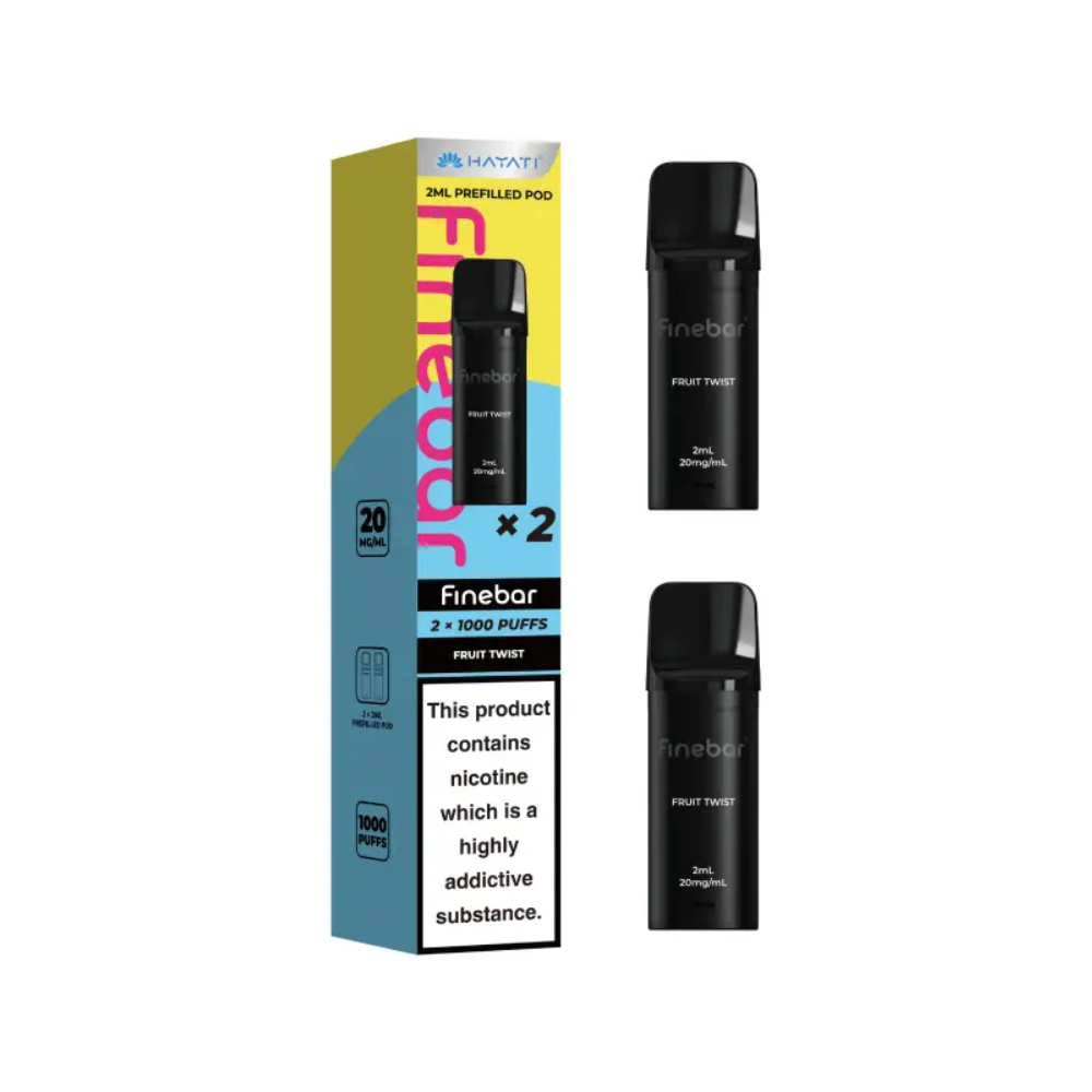 Black vape device with 'Finebar' branding and packaging on a white background