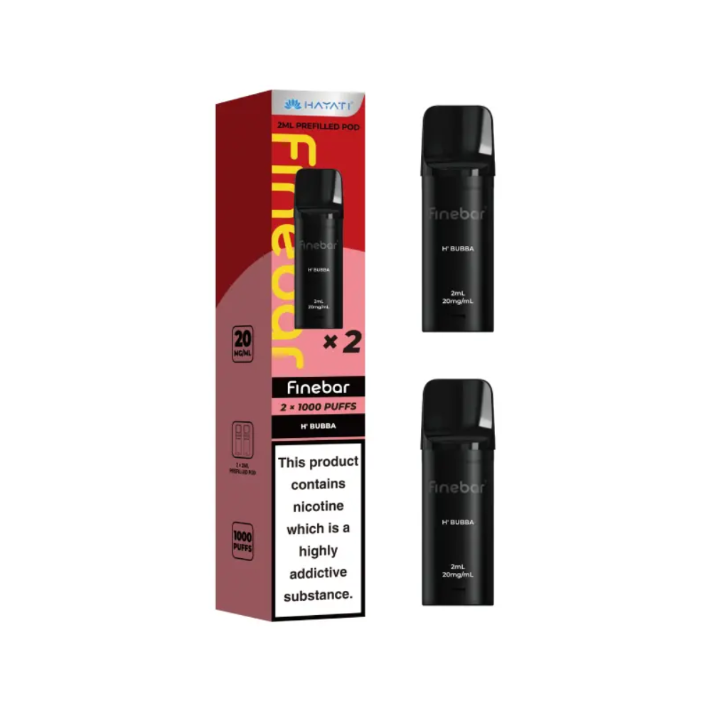 Black vape device with 'Finebar' branding and packaging on a white background