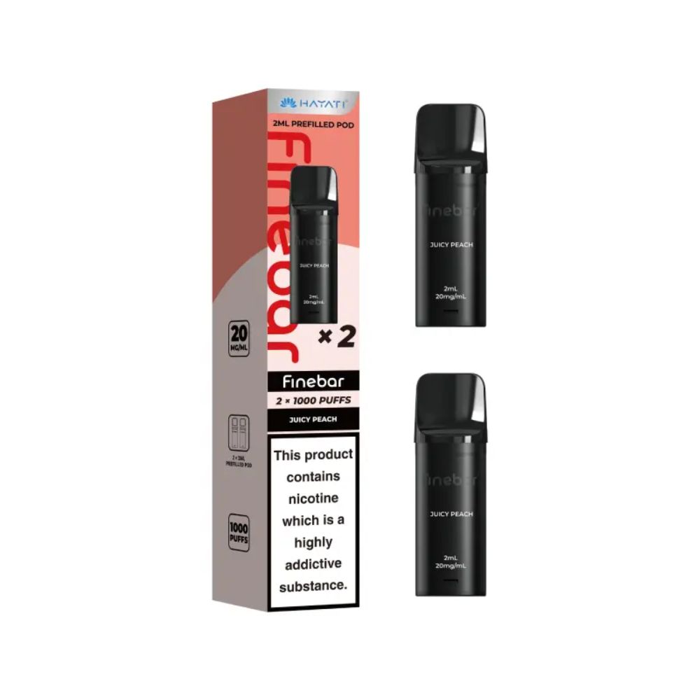 Black vape device with 'Finebar' branding and packaging on a white background