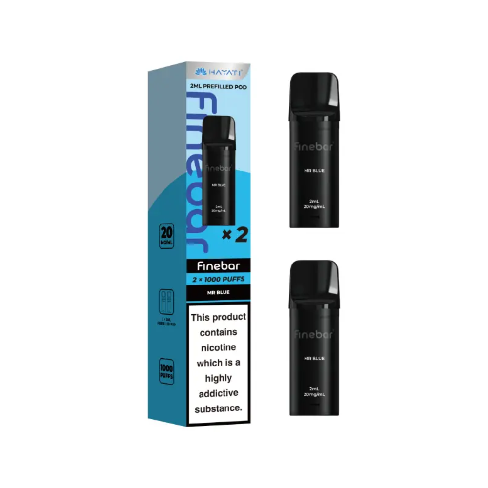 Black vape device with 'Finebar' branding and packaging on a white background