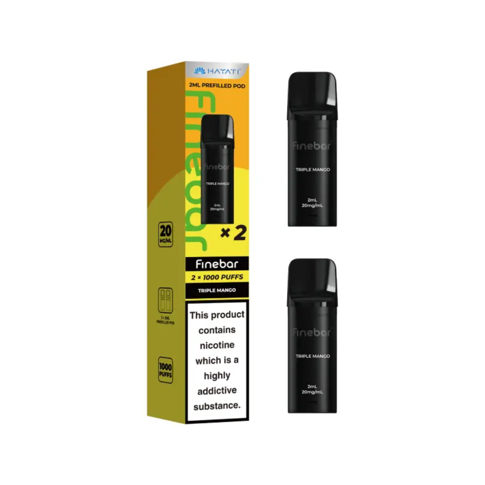Black vape device with 'Finebar' branding and packaging on a white background