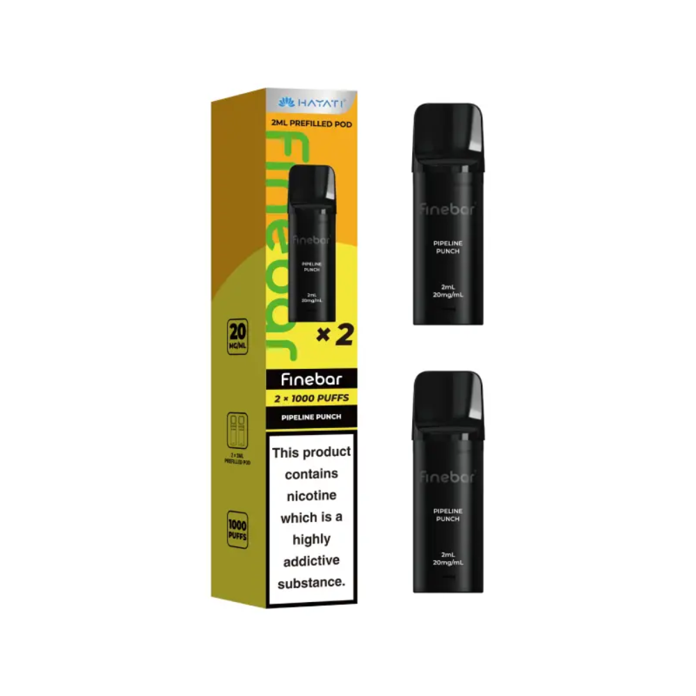 Black vape device with 'Finebar' branding and packaging on a white background