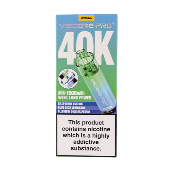 Uwell Viscore Pro 40K vape device packaging with nicotine warning label on a white background