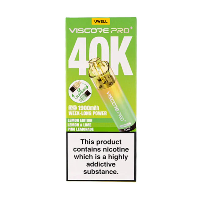 Uwell Viscore Pro+ 40K vape device packaging with green background and product image.