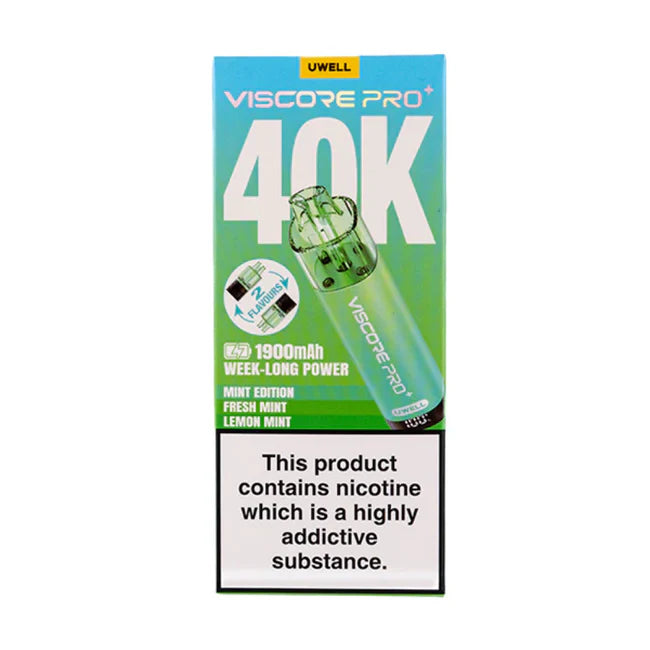 Uwell Viscore Pro+ 40K vape device packaging with nicotine warning label on a white background