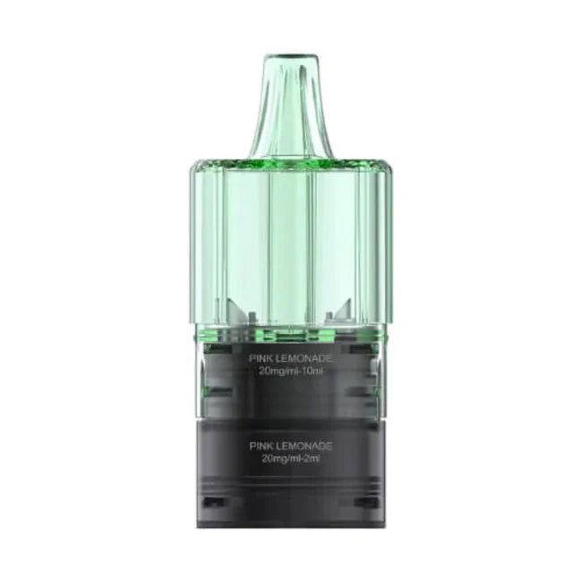 Vape cartridge with green top and black bottom on a white background